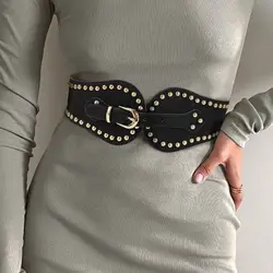 Women's Fashionable Handsome Suede Rivet Elastic Waistband Adjustable Western-style Elastic Waistband