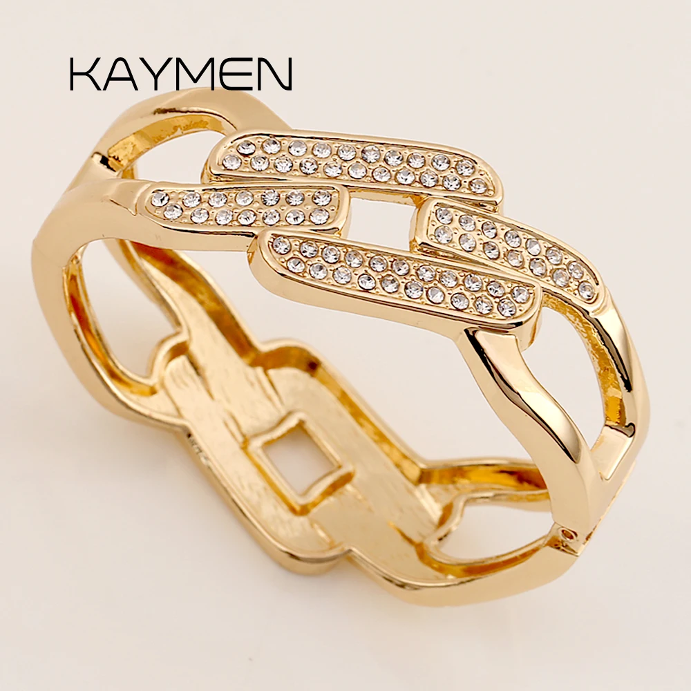 

New Arrivlas Large Size Chains Shape Statement Cuff Bracelet Gold Color Inlaid AAA Rhinestones Fashion Wide Bangle Jewelry Gifts