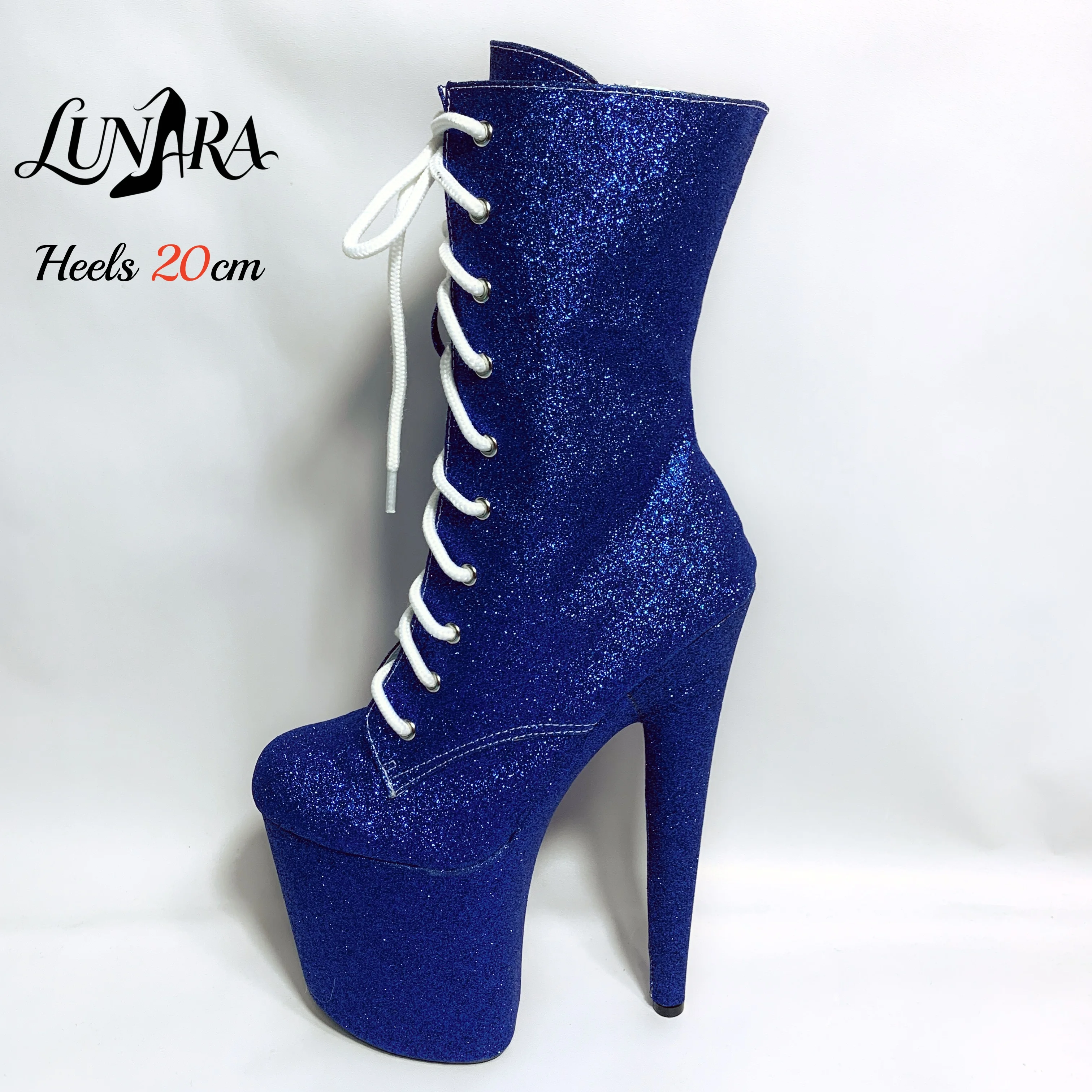 20cm/8Inch Blue Glitter Lace-up Side zipper Closed toe Platform High Stilettos Ankle boot Exotic Pole dance Nightclub Rave Party