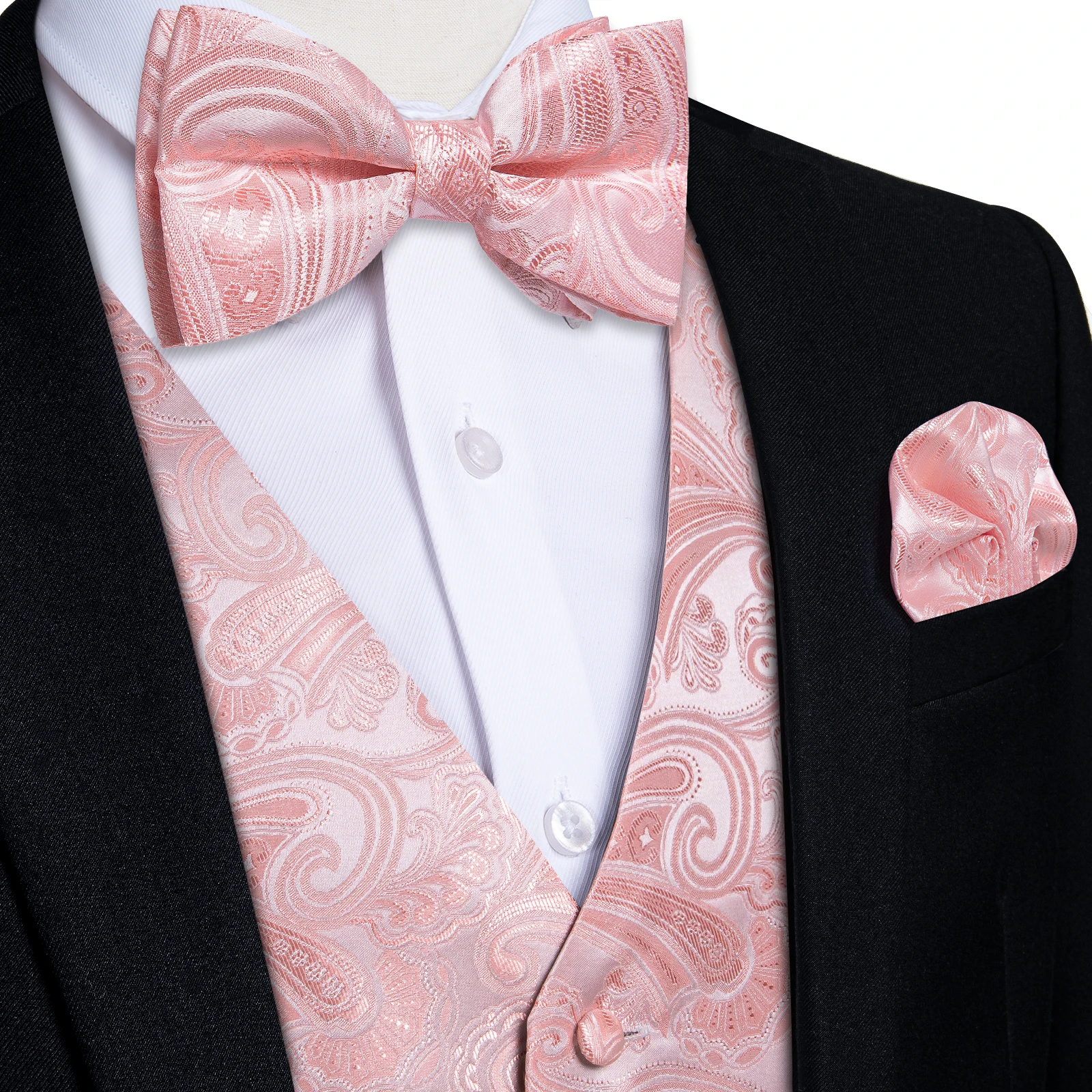 Pink Paisley Yellow Green Floral Suit Vest for Men with Bow Tie Handkerchief Luxury Elegant Prom Wedding Tuxedo Suits Waistcoat