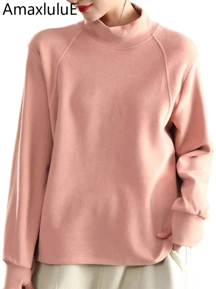 Amax LuluE Brand Fashion Loose Cotton Clothes Women Classic Vintage Turtleneck T-shirts Ladies Leisure Soild Luxury Elegant Tops