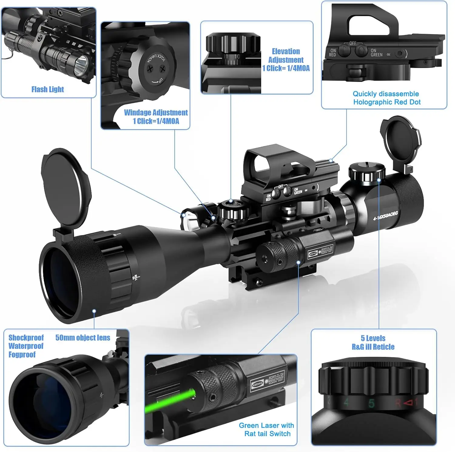 4-16x50AO Combo Red/Green Dual Illuminated with Green Laser 4 Holographic Reticle Red Dot 5Modes Flashlight for Rail Mount