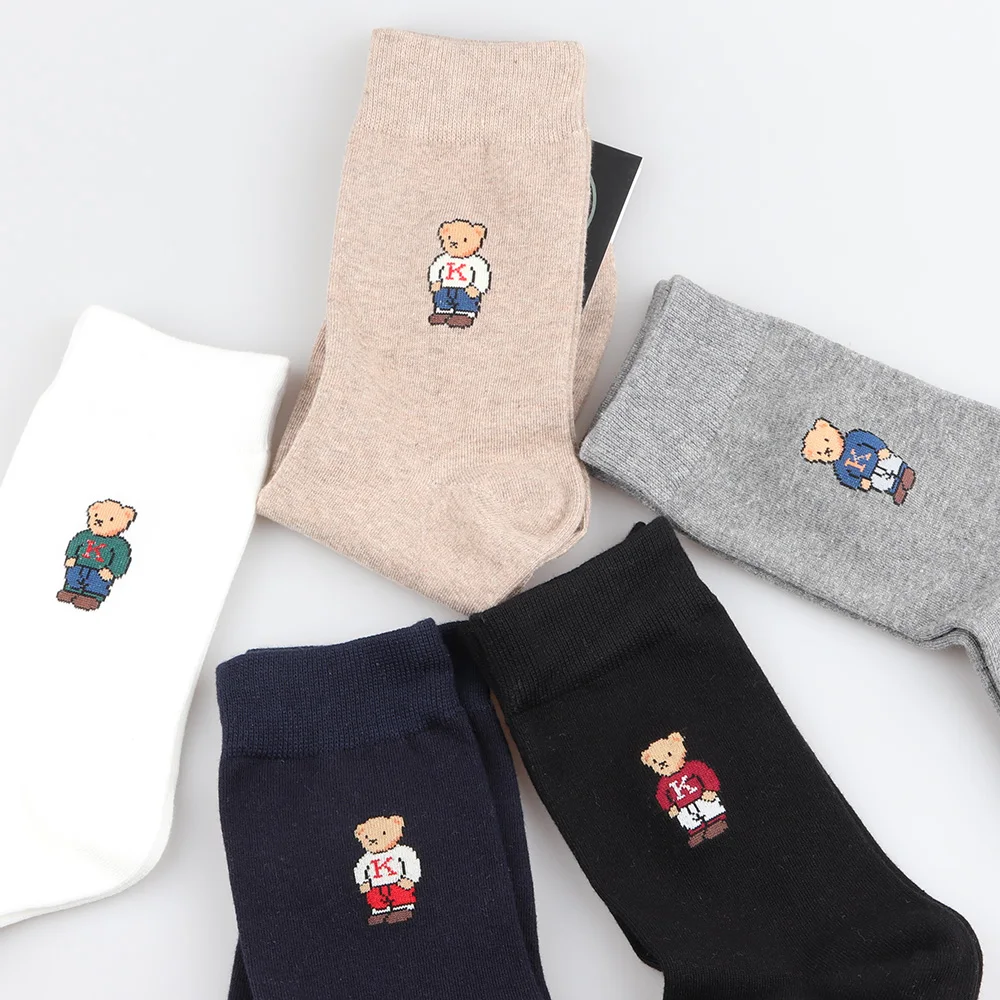 1 Pair Gentleman Cartoon Bear Men\'s Socks Simple Style Comfortable Breathable Mid-calf Socks Campus Sports Models Cotton Socks