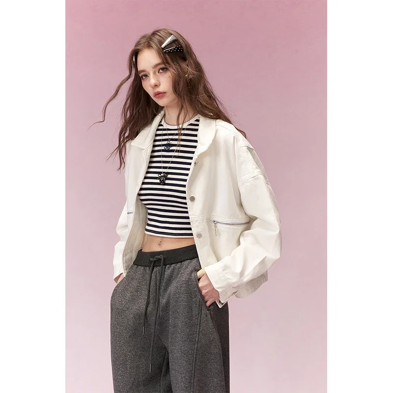 ELFSACK Women's Cropped Denim Jacket Metal Zipper 3/4 Sleeve Casual Streetwear Outerwear