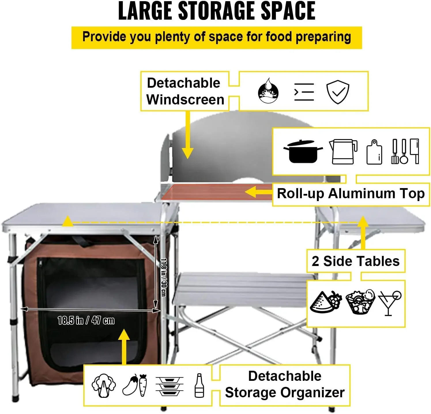 Camping Kitchen Table, Aluminum Portable Folding Camp Cook Station with Windscreen, Cupboard, Storage Organizer, Carrying Bag