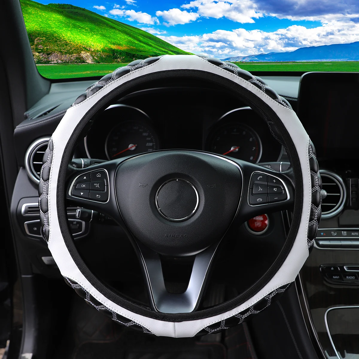 Black White Leather Hexagonal Embroidered Steering Wheel Cover Rimless Car Interior Accessory for 14-15 Inch Wheels view 6