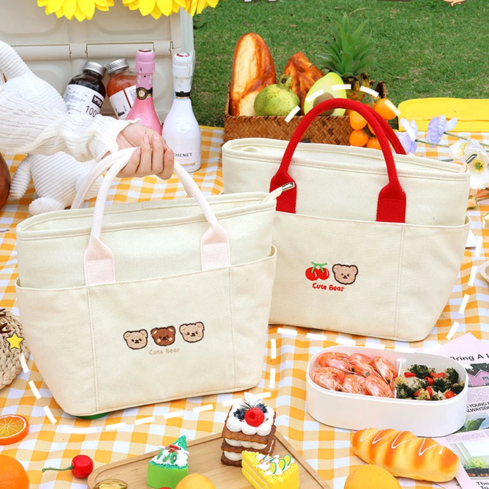 Cute Lunch Bag Large Capacity Canvas Anti-cooling Handbag Aluminum Foil Insulated Food Box Office Worker Portable Lunch Box Bag