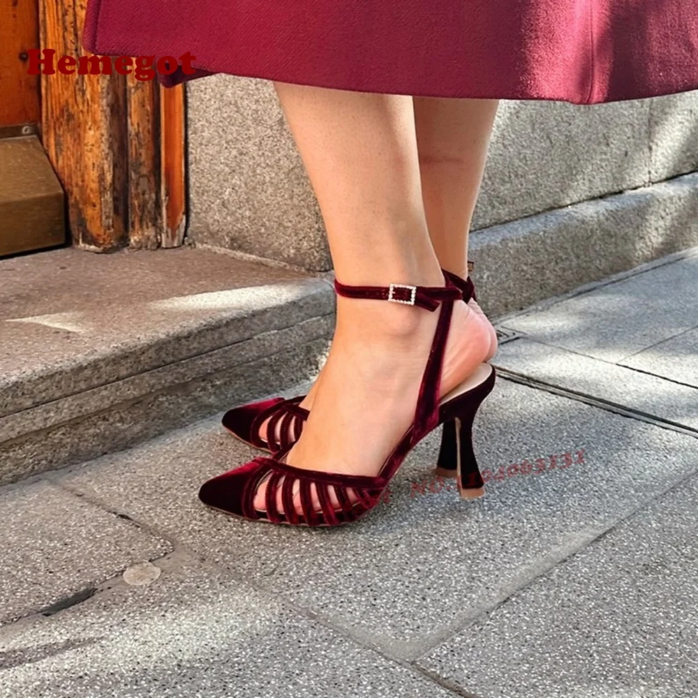 

Velvet Burgundy Slingback Pumps Pointy Toe Kitten Heels Buckled Women's Pumps Hollow Out Solid Summer Runway Shoes Luxury 2025