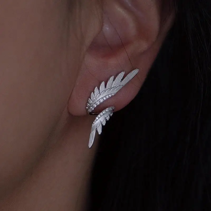 Simple Alloy Long Wing Stud Temperament Feather Earrings Silver Wings Shape Elf Ear Cuff Earrings Jewelry Accessories Gifts