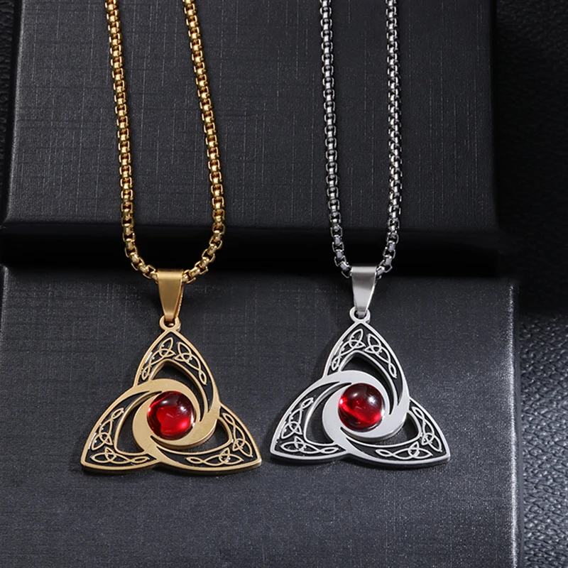 Irish Trinity Celtic Knot Gemstone Pendant Stainless Steel Witch\\'s Knot Necklace Men Women  Amulet Jewelry