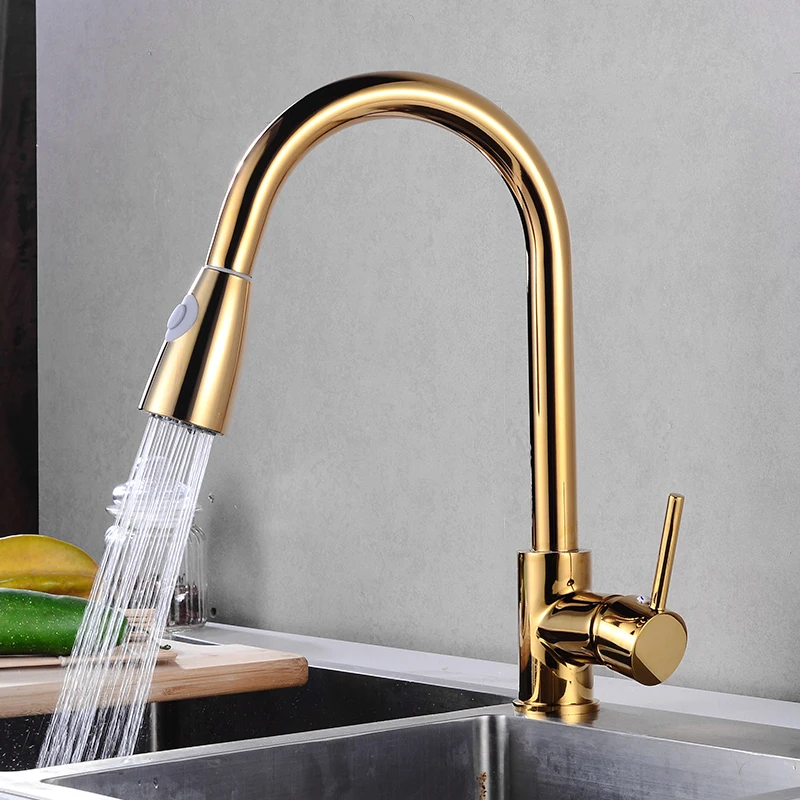 Flexible Pull Out Nozzle Faucet Stainless Steel Kitchen Faucets Sink Mixer Tap Stream Sprayer Taps Deck Gold Hot Cold Water Tap