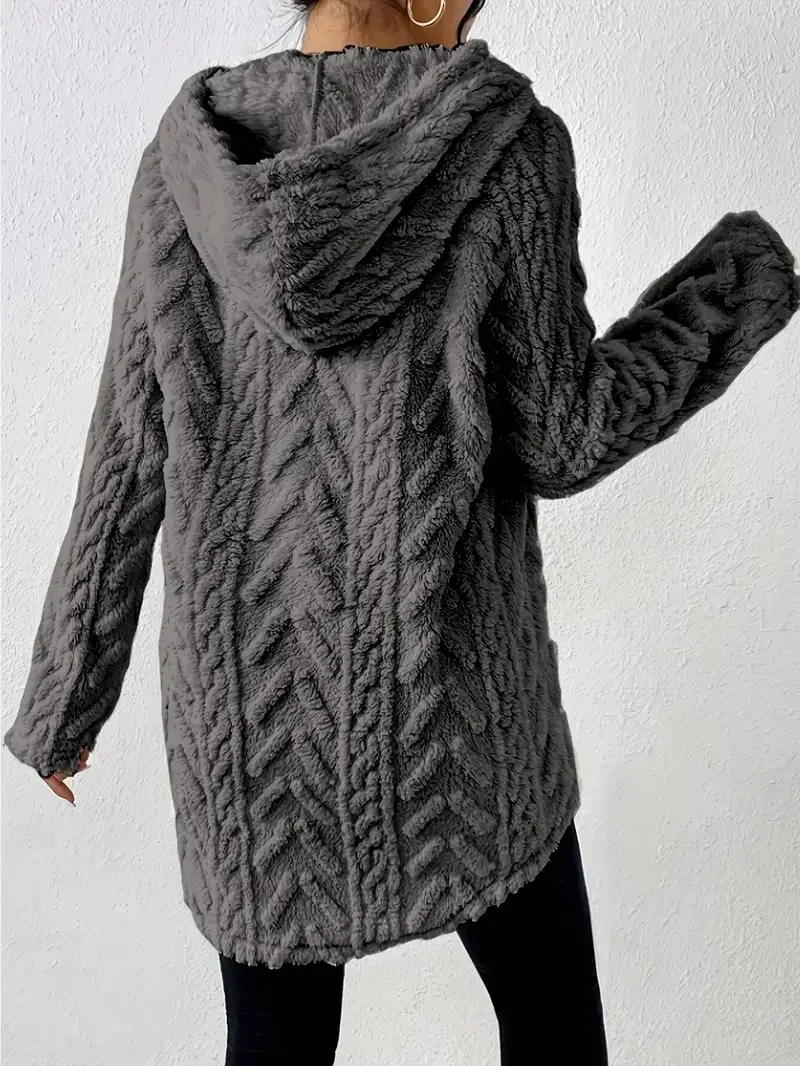 2025 Women's Solid Color Hooded Jacquard Long Sleeved Sweatshirt Jacket Slim Fit Drawstring Fur Sweatshirt
