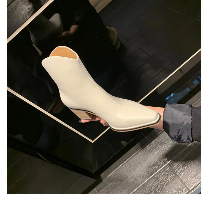 New Pointed End V-mouth Rear Zipper Women's Short Boots Fashion Black White Simple Thick Heel  Western Chelsea Boots Ankle Boots image 2