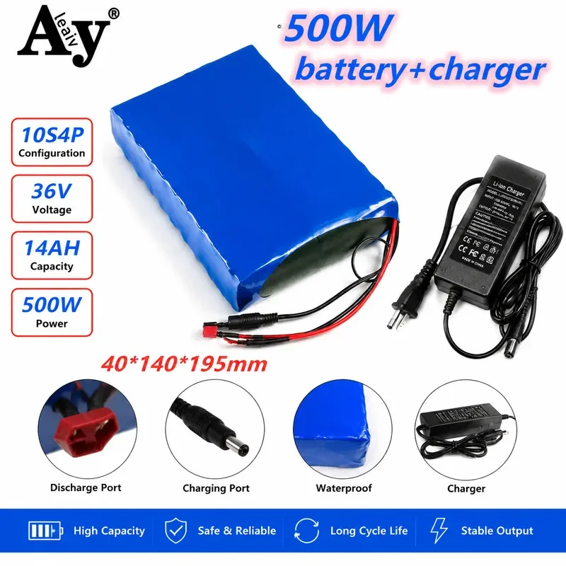 36V 14Ah 10S4P Lithium Ion Battery Pack 500W 750W 18650 for E-Bike Electric Bicycle Scooter Motor with Charger