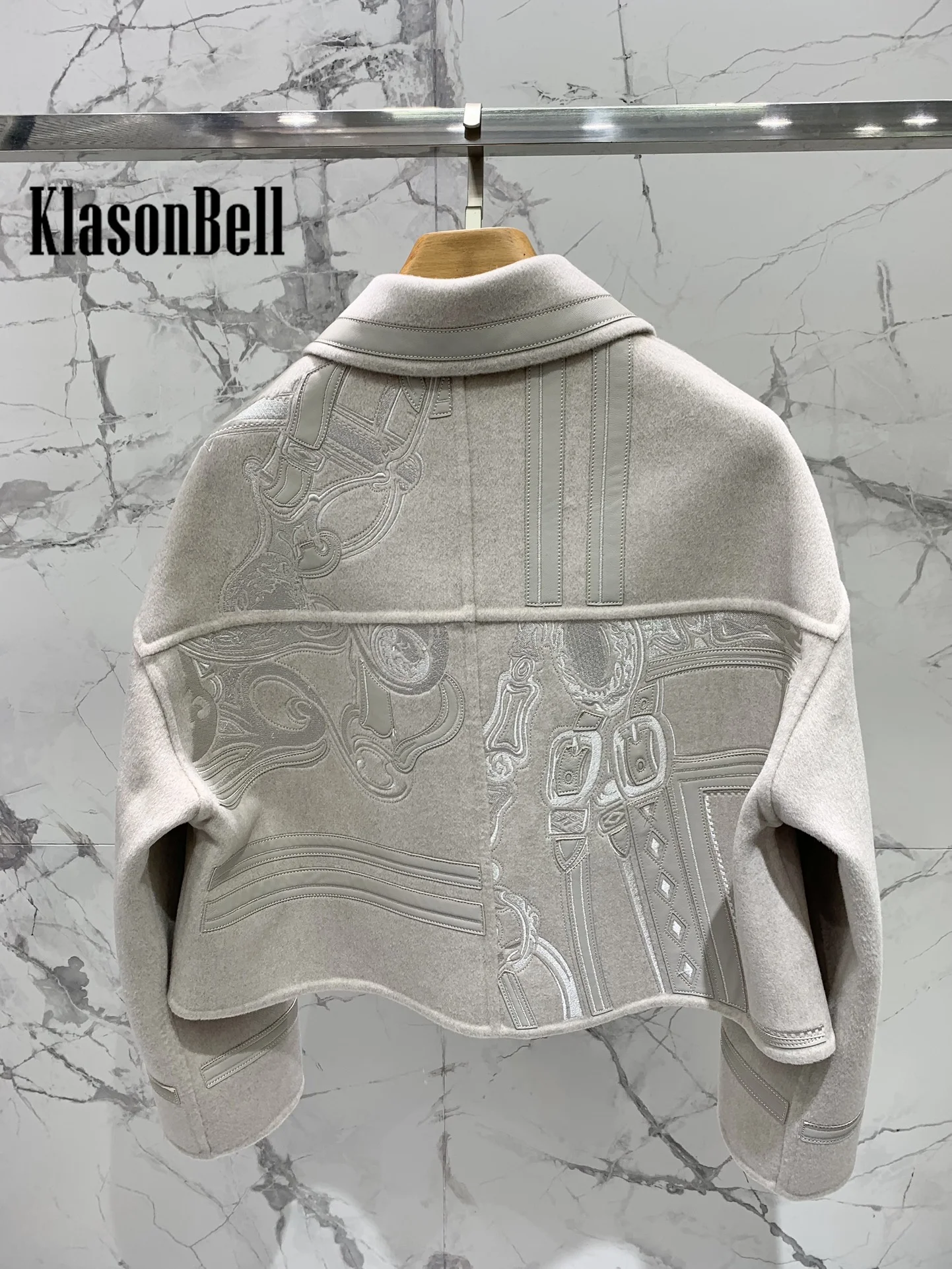 10.17 KlasonBell Women Clothes Fashion Leather Buckle Pattern Embroidery Zipper Jacket Lapel Loose Casual Cashmere Short Coat