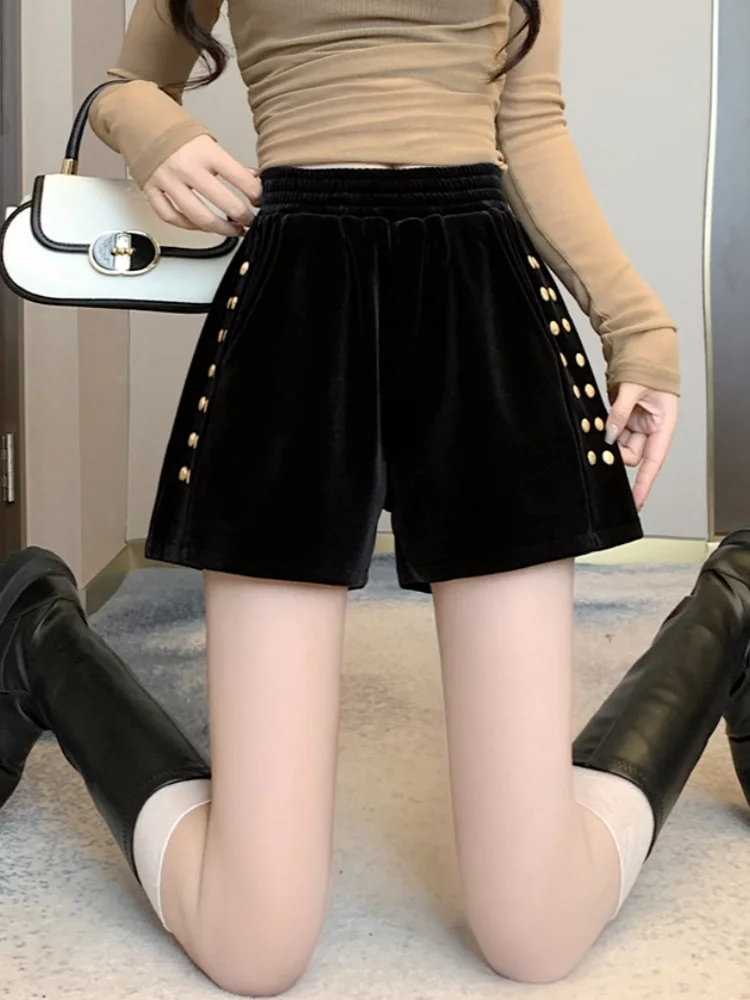 SMTHMA 2025 New Autumn Winter Korean Fashion Slimming Velvet Elastic Waist Wide Leg Shorts Women's Golden Decoration Boots Pants