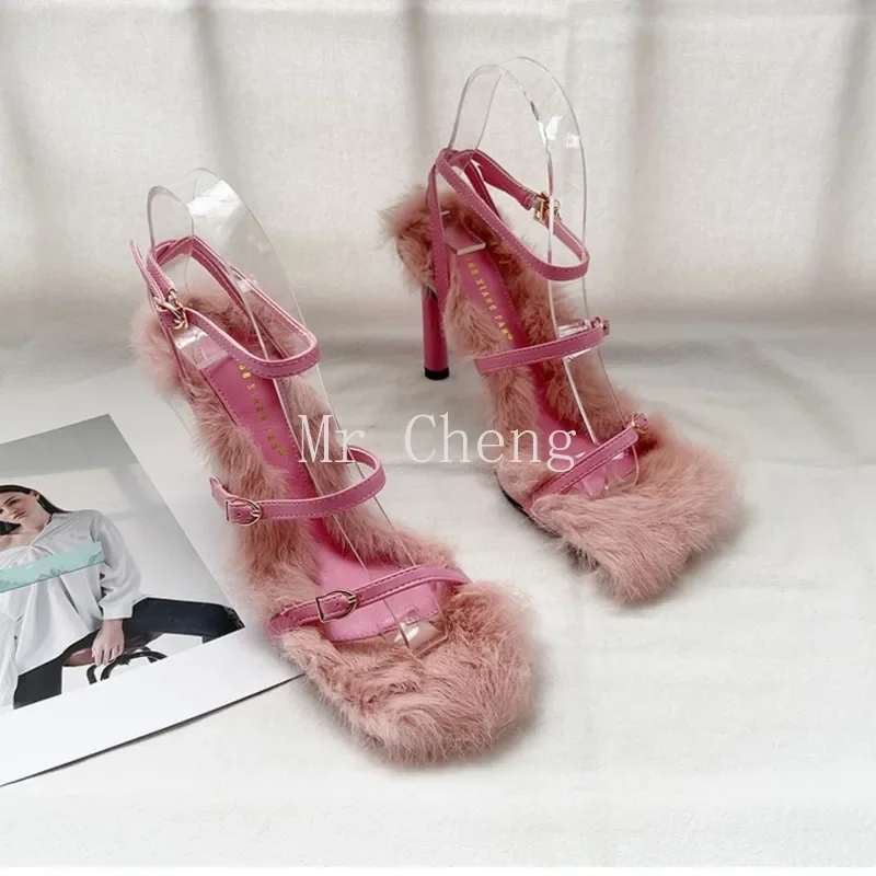 

2025 Spring Summer Square Toe Open Toe Design Sweet Thin Strappy Fur Sandals Women's Stiletto Pink Sexy High Heels