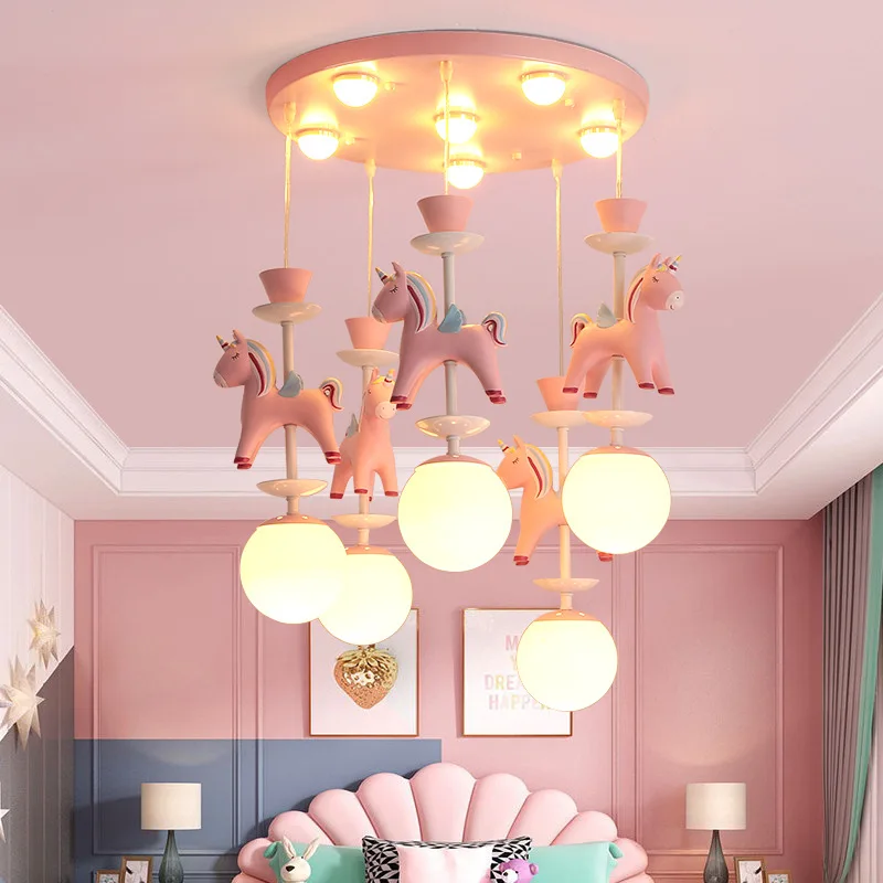 Children's Room Chandelier Pink Iron Middle Size Adjustable Height Cute Cartoon Design Bedroom