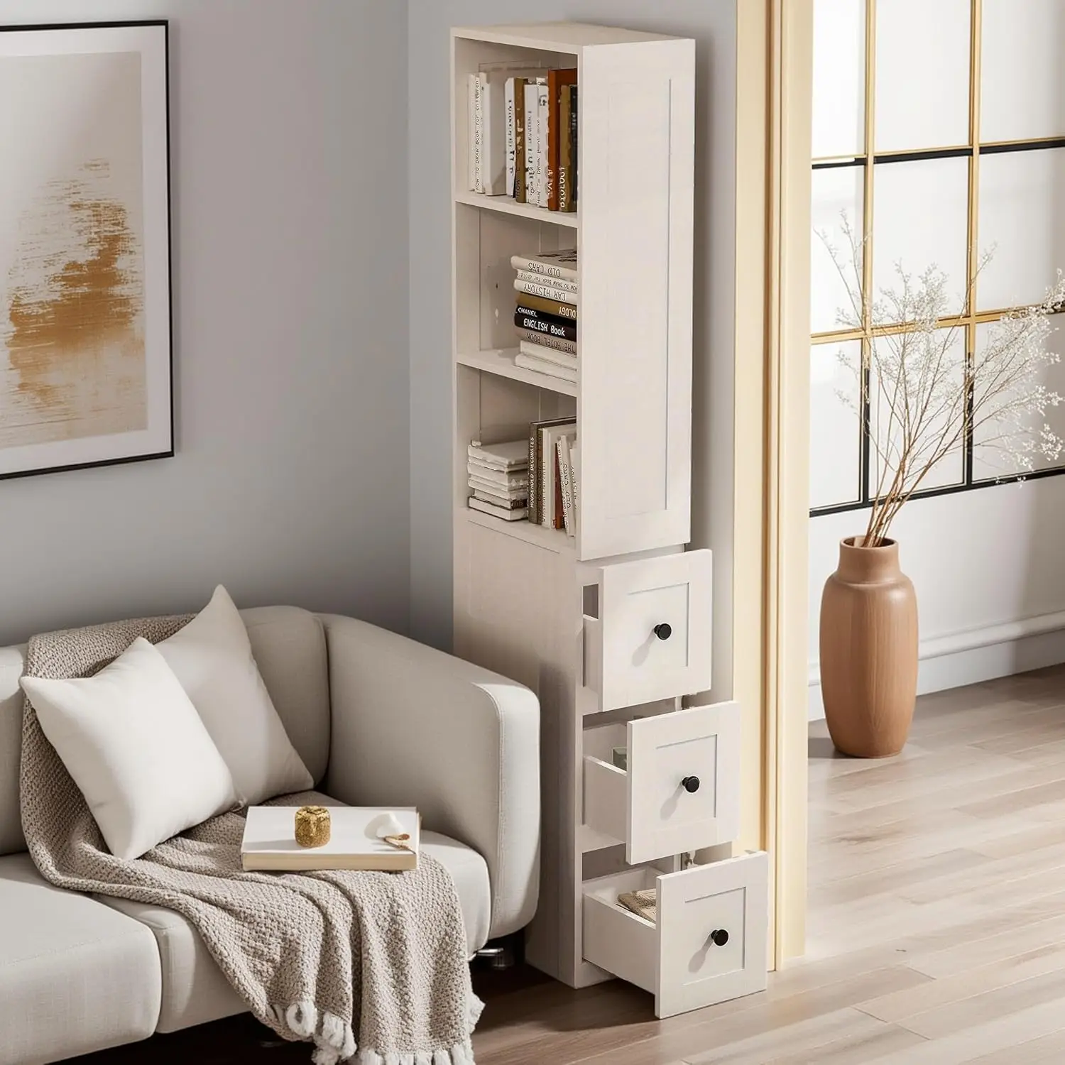 

Tall Narrow Bathroom Storage Cabinet with 2 Adjustable Shelves & 3 Drawers for Small Space,White,Customized