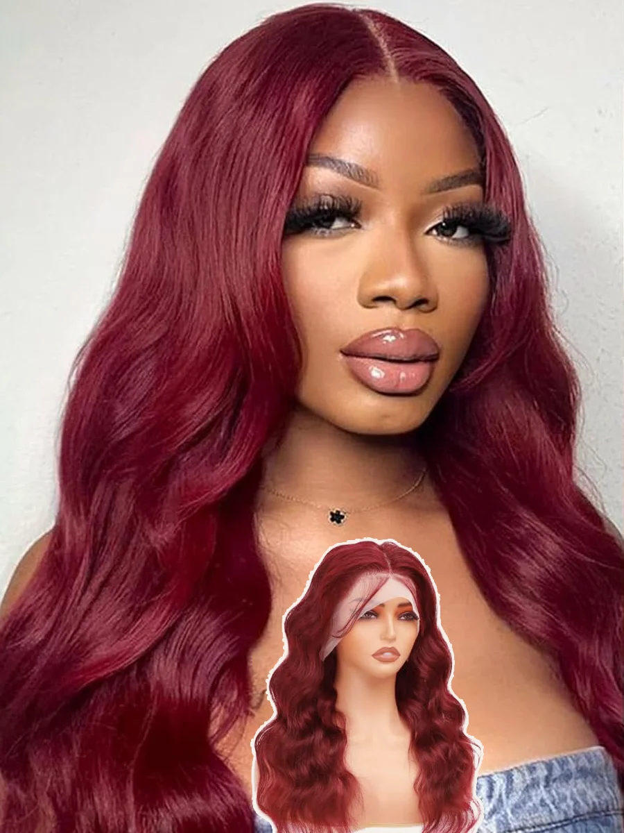 

40 Inch Long-length & 200% High Density 99J Burgundy Body Wave Wine Red Human Hair Wigs HD Transparent Skin-melt Swiss Lace Frontal Wig For Women