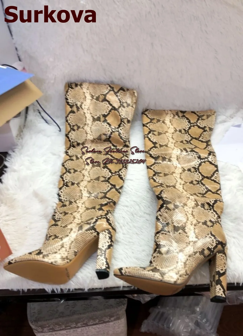 Surkova Sexy Beige Snakeskin Chunky Heel Knee Boots Lady Python Printed Elastic Band Tall Boots Fall Winter Folded Dress Shoes