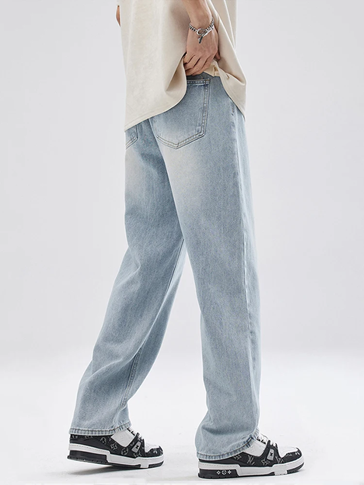 봄 여름 남성 스트레이트 청바지 한국 패션 탄성 허리 넓은 다리 헐렁한 데님 바지 캐주얼 청바지 바지