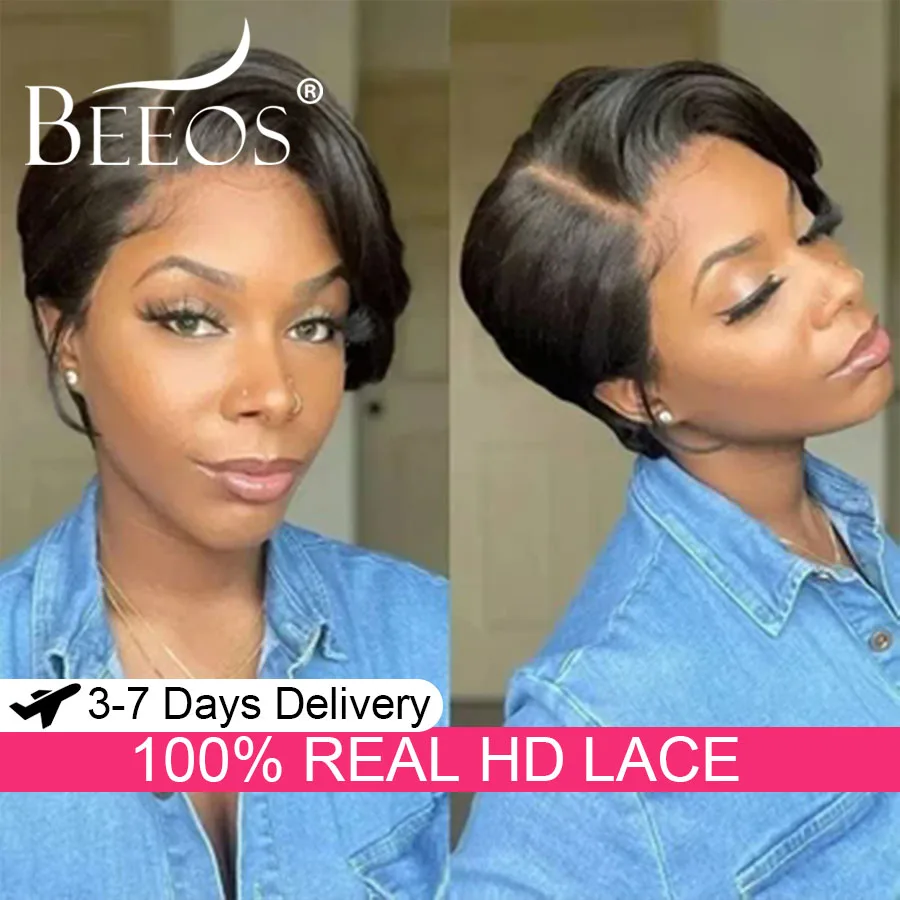 

Короткие парики с стрижкой пикси 5x5 HD Парики с кружевной застежкой Бесклеевые прямые короткие парики из натуральных волос Невидимые HD парики на шнурке Wear & Go для женщин