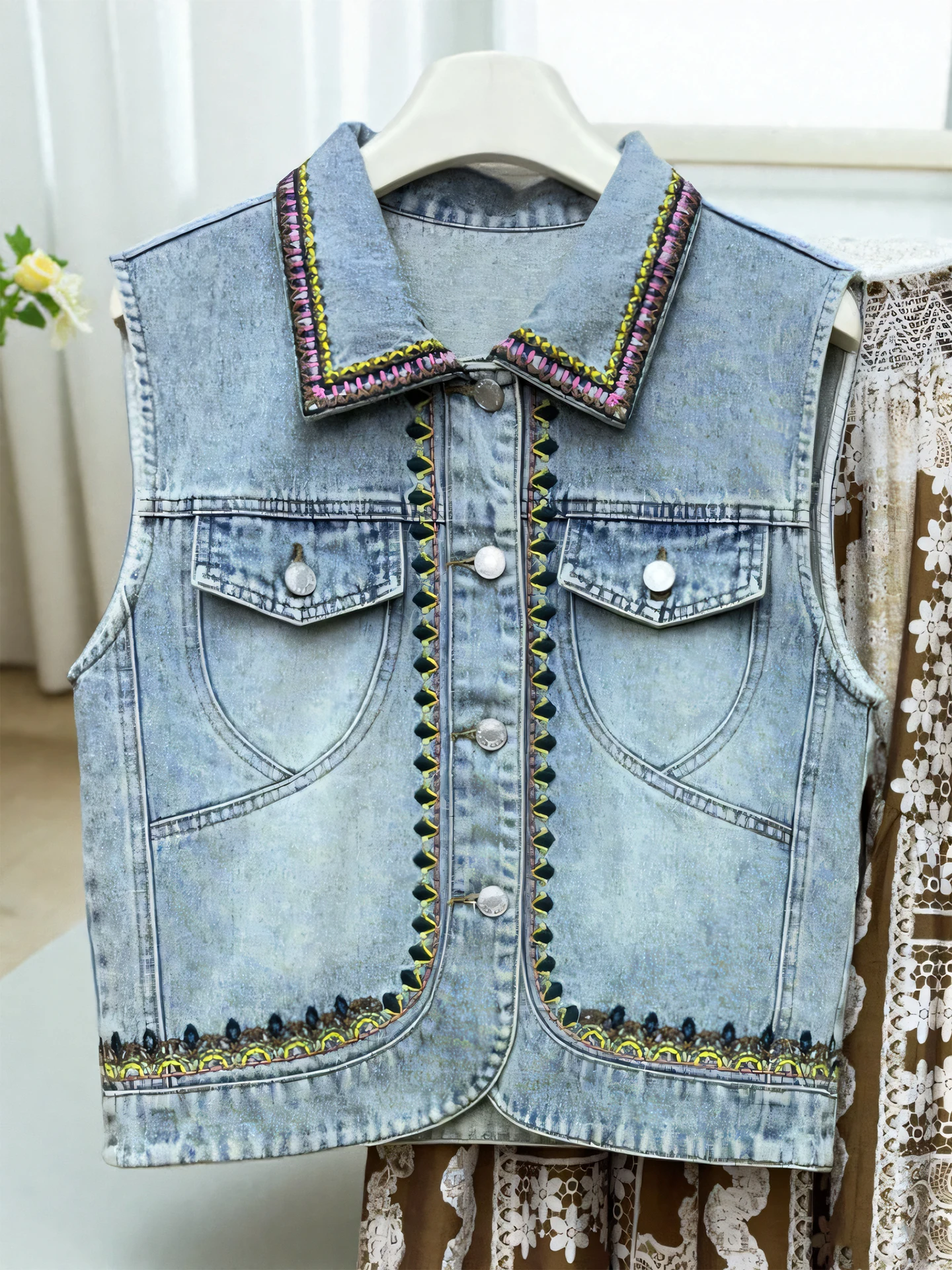 

2025 Women's Sleeveless Denim Vest, Vintage HK Chic with Crochet Accent & Collar