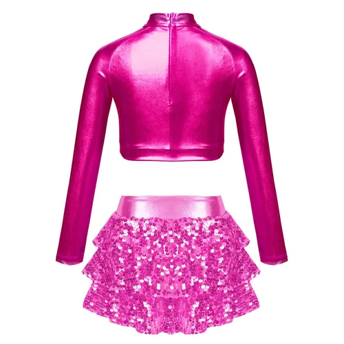 Imagen 2 del producto Vestido corto de manga larga con lentejuelas brillantes para niñas, leotardo de gimnasia, leotardo de escenario, Jazz moderno, baile latino