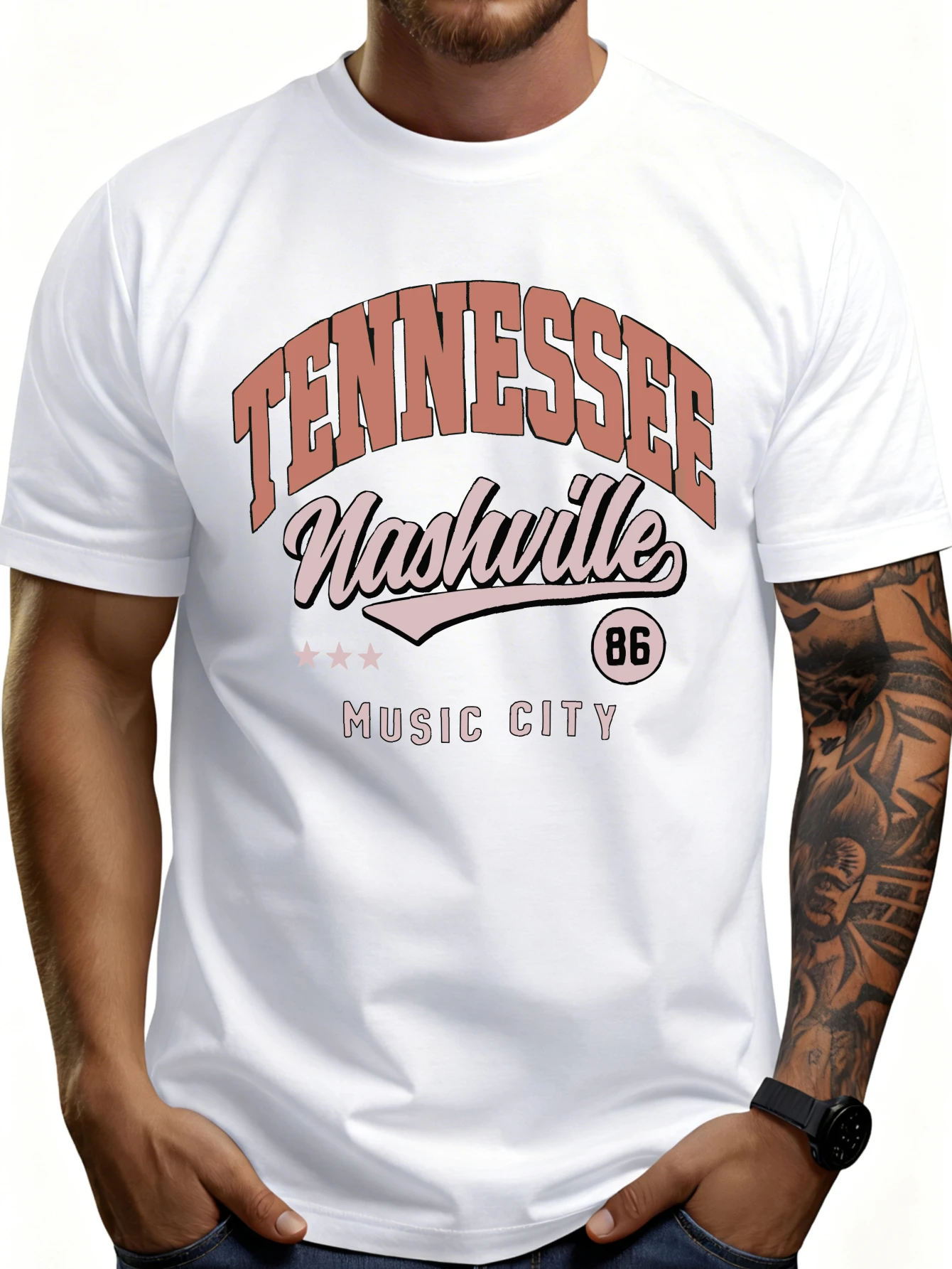 Men's Plain Graphic T-Shirt - Breathable, Soft, Lightweight - Nashville, Tennessee Music City 86 - Vintage Fun Graphic Casual Short Sleeve Summer Top, Gift for Him