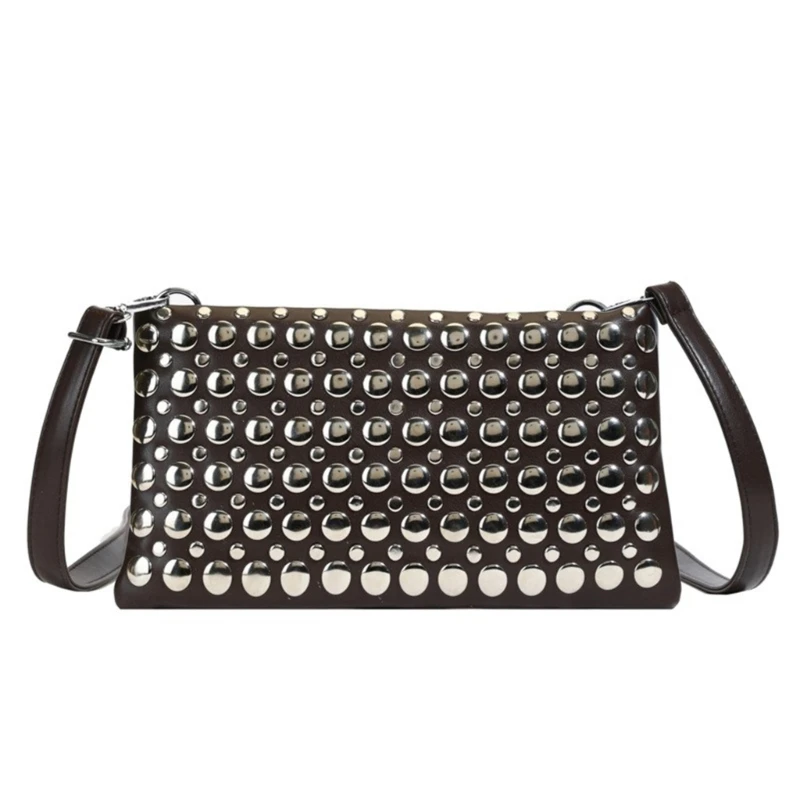 

652F Women's Leather Shoulder Bag Fashion Clutch Handbag Crossbody Bag with Strap Women Punk Rivets Handbag Purse Clutch