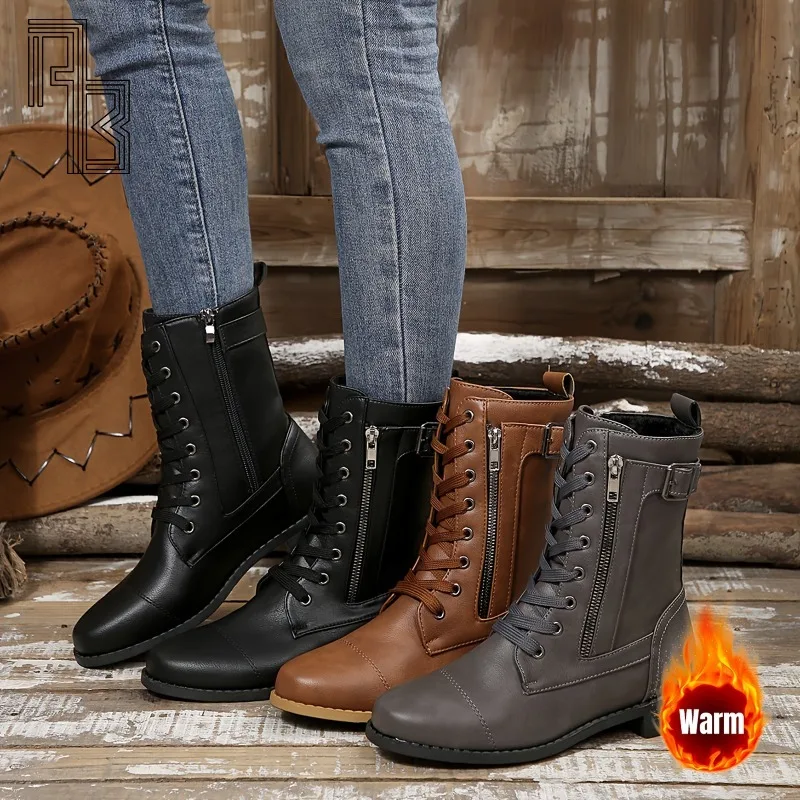

Round Toe, Low Heel, Side Zipper, Large Mid Length, Retro Knight Leather Boots for Women, Fashionable and Versatile Shoes