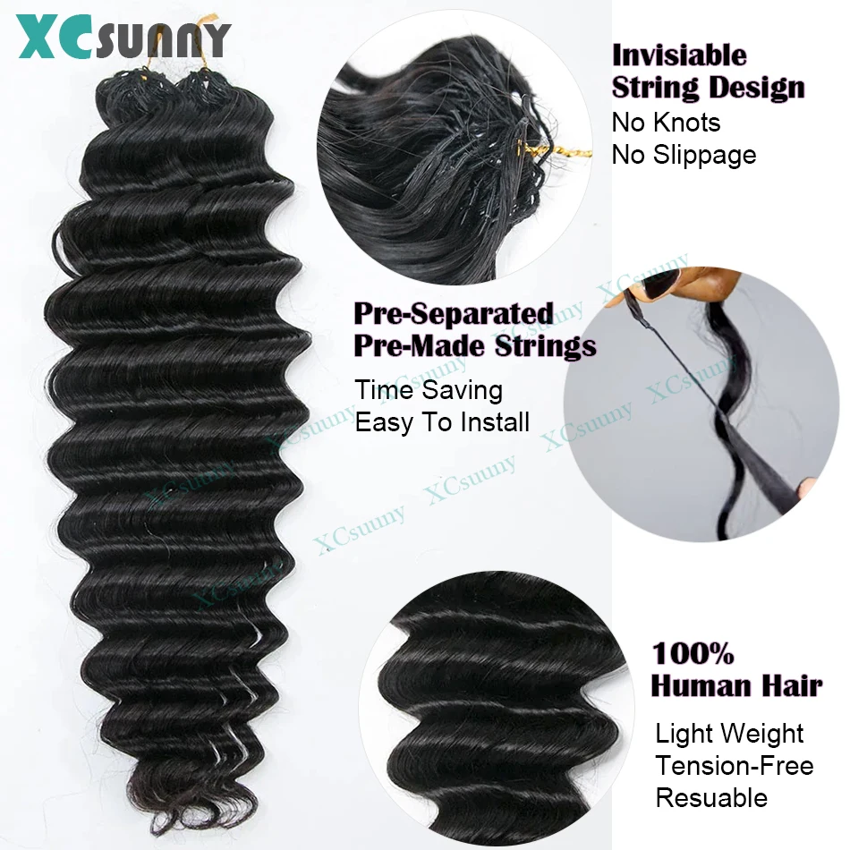 موجة عميقة ريشة الكروشيه الشعر البشري غير مرئية Knotless الكروشيه وصلات شعر بشري مع سلسلة في الأوسط قبل فصل #3