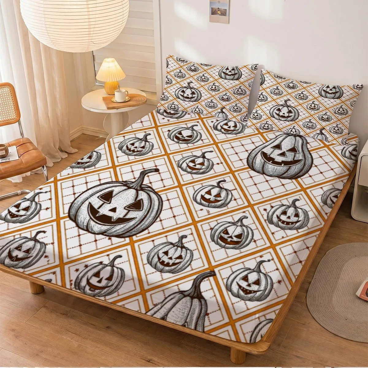 Halloween Pumpkin Lantern 2D Digital Print Three-Piece Bedding Set (Includes 1 Fitted Sheet + 2 Pillowcases) Mattress Protector Fitted Elastic Style Protective Cover Halloween Holiday Decoration Various Sizes Breathable Protective Cover Plus Pillowcase