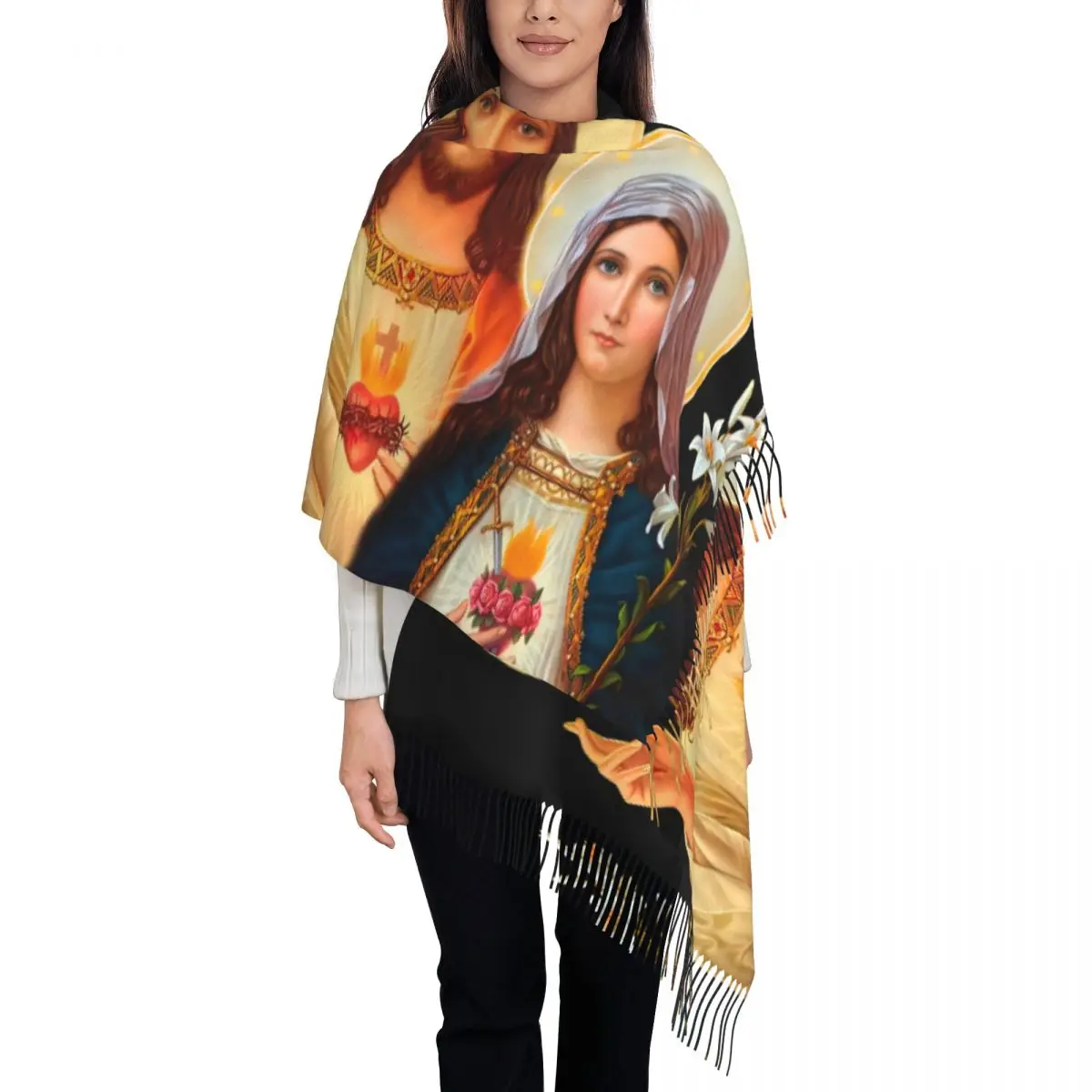 Custom Ladies Long Twin Hearts Jesus And Mary Scarves Women Winter Thick Warm Tassel Shawl Wraps Scarf