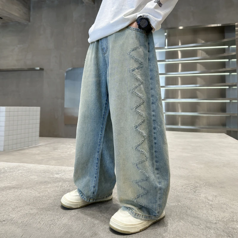 Kids Boy Unique Design Relaxed Fit Scratch Jeans Tweens Child Trendy y2k Streetwear Harajuku Retro Loose Casual Denim Pants 5-14
