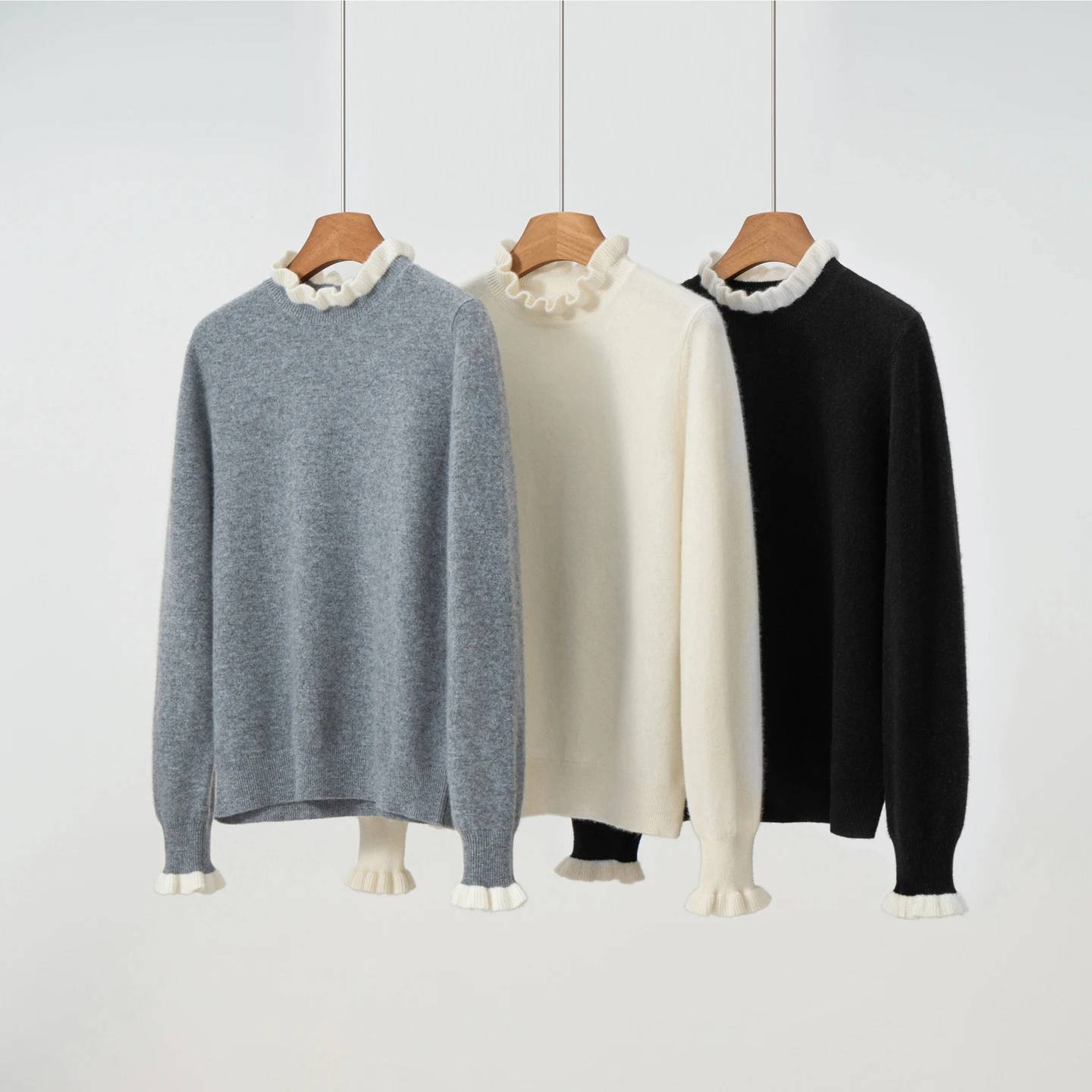 Black Fungus Neck Pure Cashmere Sweater for Women, High-End Base Layer, Color-Blocked Knitted Semi-High Lace Neck Sweater