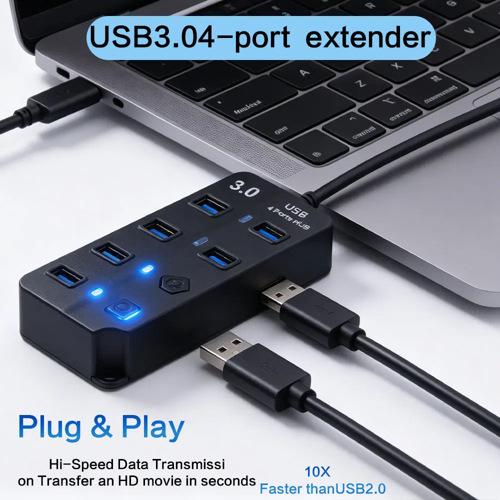 4 Port USB 3.0 Hub With Switch 5Gbps High Speed Multiple Expander Hub Power Adapter Long Cable Multi USB Splitter