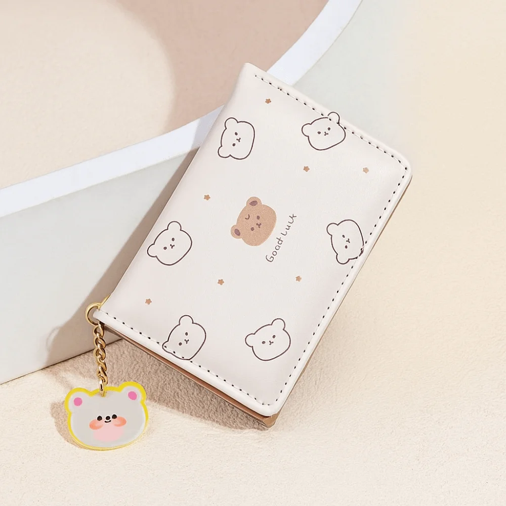 محفظة محمولة مطبوعة على شكل دب كرتوني قابلة للطي محفظة قصيرة ناعمة متعددة الفتحات حافظة بطاقات للطلاب