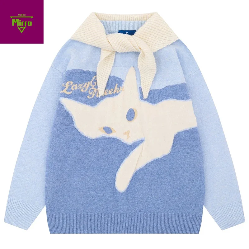 

Свитера с рисунком кота Y2K Harajuku, свитера большого размера, повседневные свободные мужские свитера, вязаные джемперы