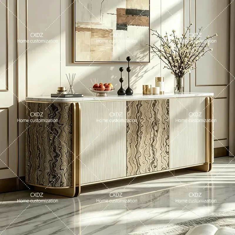 Modern Luxury Marble Dining Side Cabinet Living Room Porch Storage Unit High End Burl Wood Locker for Villa Home Decor