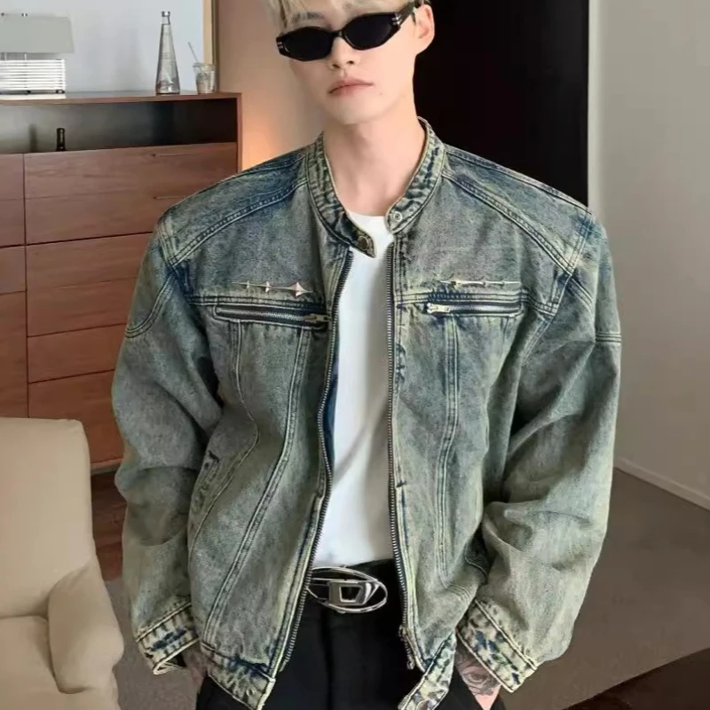 

Мужская джинсовая куртка с подкладкой на плечах в стиле ретро, уличная одежда, повседневное короткое джинсовое пальто в стиле панк, модная одежда для школьников