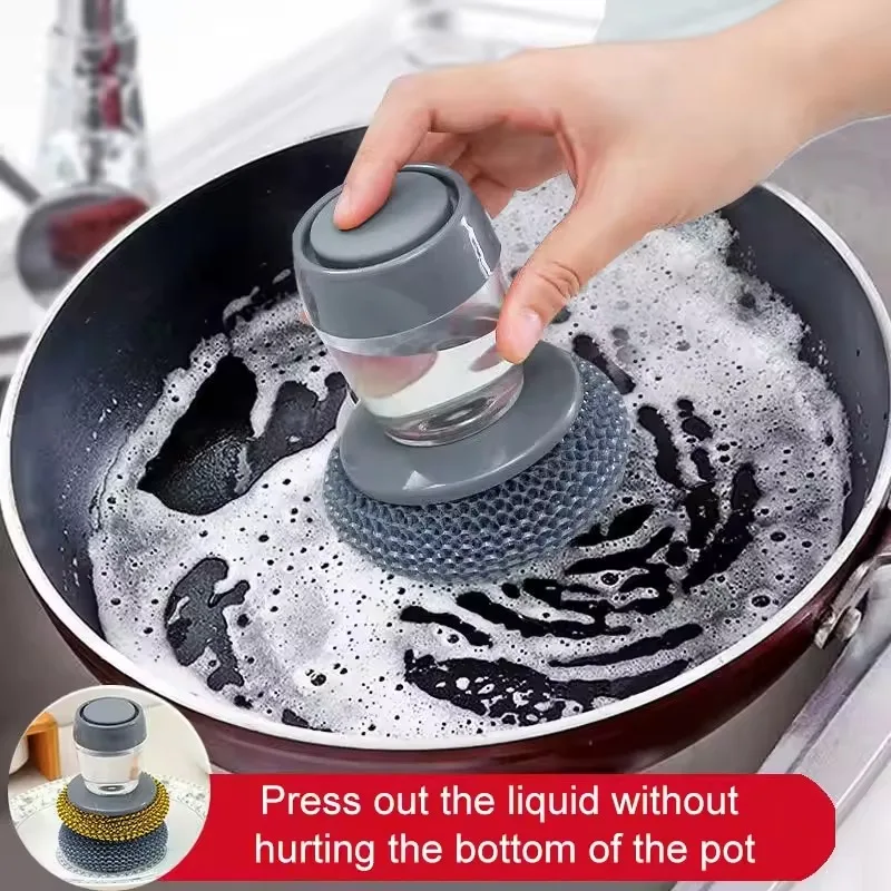 Press Automatic Liquid Adding Pot Washing Brush Household Kitchen Dish Scrubber Pot Cleaning Tool with Handle Stainless Steel