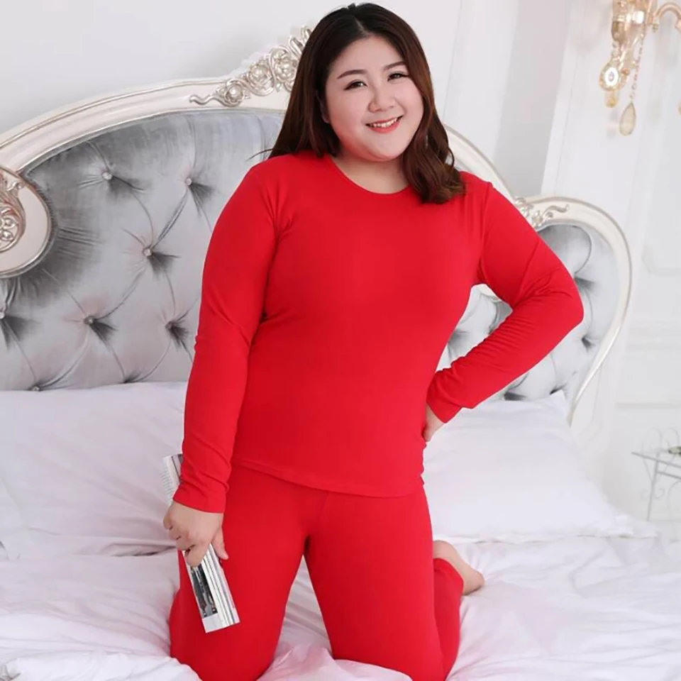 Plus Size Thermal Set Women Long Johns Set Solid Warm Thermal Underwear Thermo Long Sleeve Pants Pajamas Set Winter Home Clothes