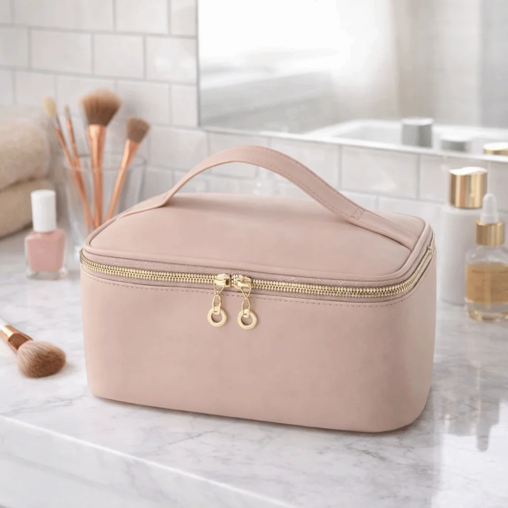 Bolsa de Maquiagem Portátil de Grande Capacidade em PU, Impermeável, com Alça e Divisórias, Bolsa de Cosméticos para Mulheres, Ideal para Viagens