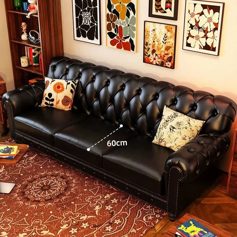 

Hot Sales Luxury-lite Chesterfield Style Chesterfield Style Sofa Set Genuine Leather Solid Wood Frame Sponge Cushions For Hotel