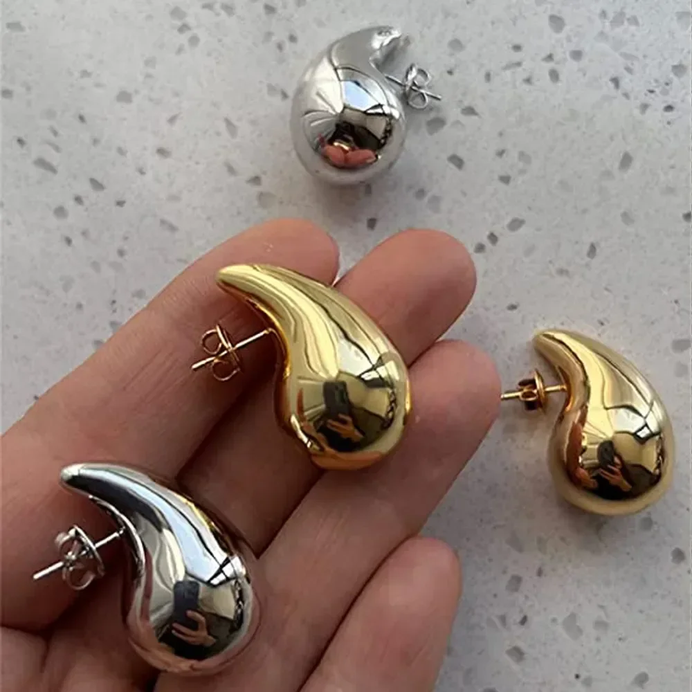 Pendientes de gota de agua grandes de acero inoxidable para mujer, pendientes de aro llamativos chapados en oro con forma de lágrima gruesa brillante Vintage, joyería