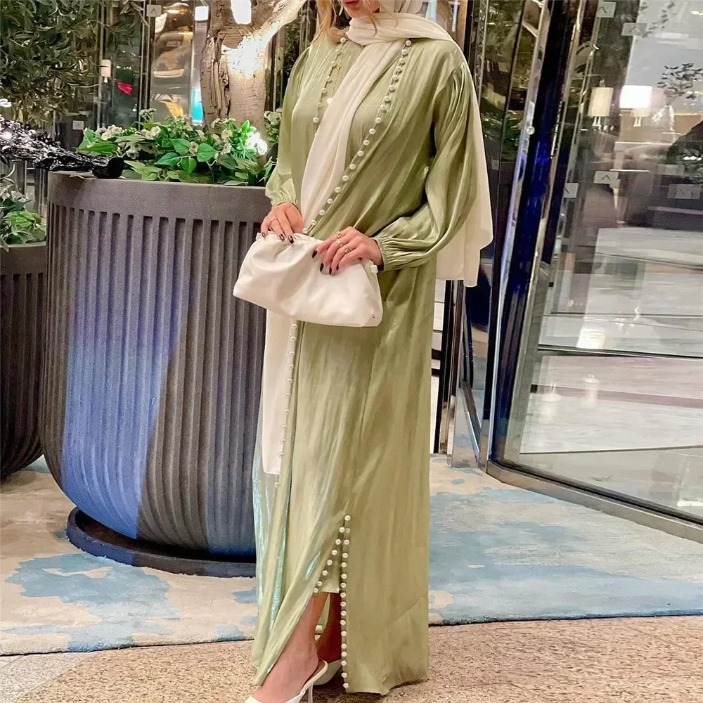 Elegante musulmano Abaya 2 pezzi coordinati set perline raso donne Hijab abito abito da sera turchia arabo Islam abiti caftano marocchino