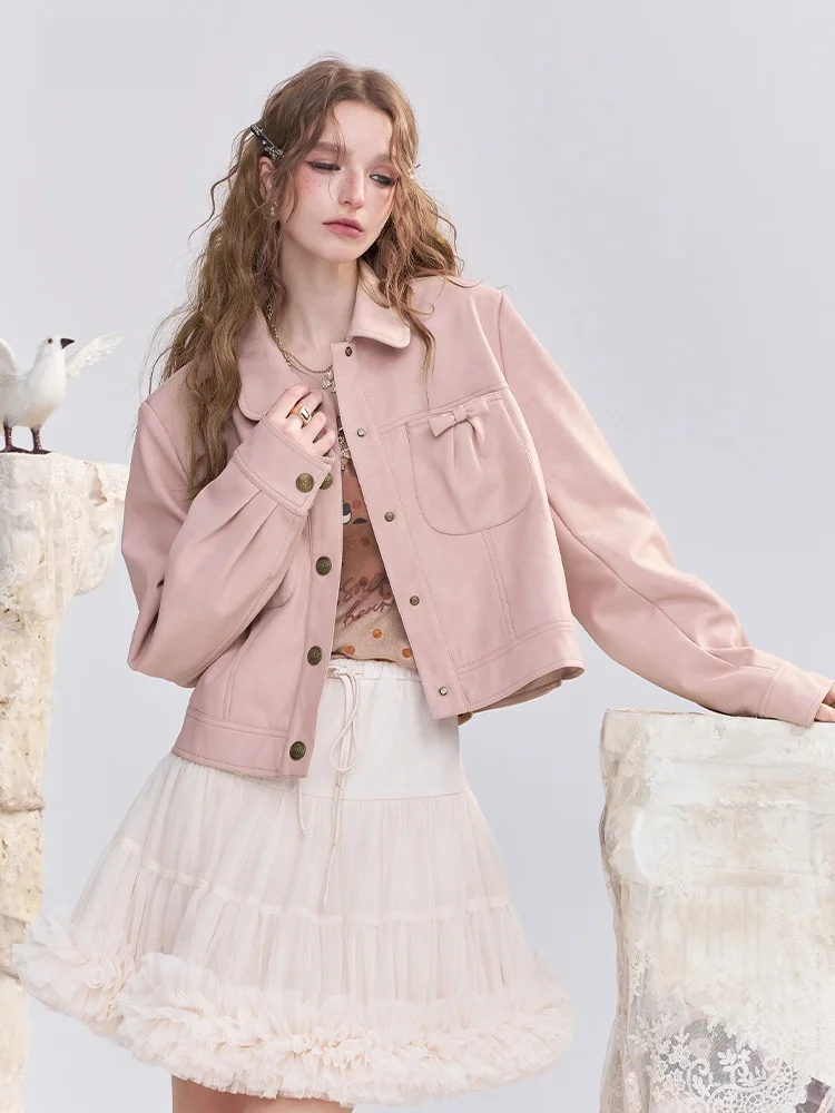 女性用スイートショートPUレザージャケット、3Dバタフライノット、マット仕上げ、秋用アウター、ティーン向け、レギュラー丈