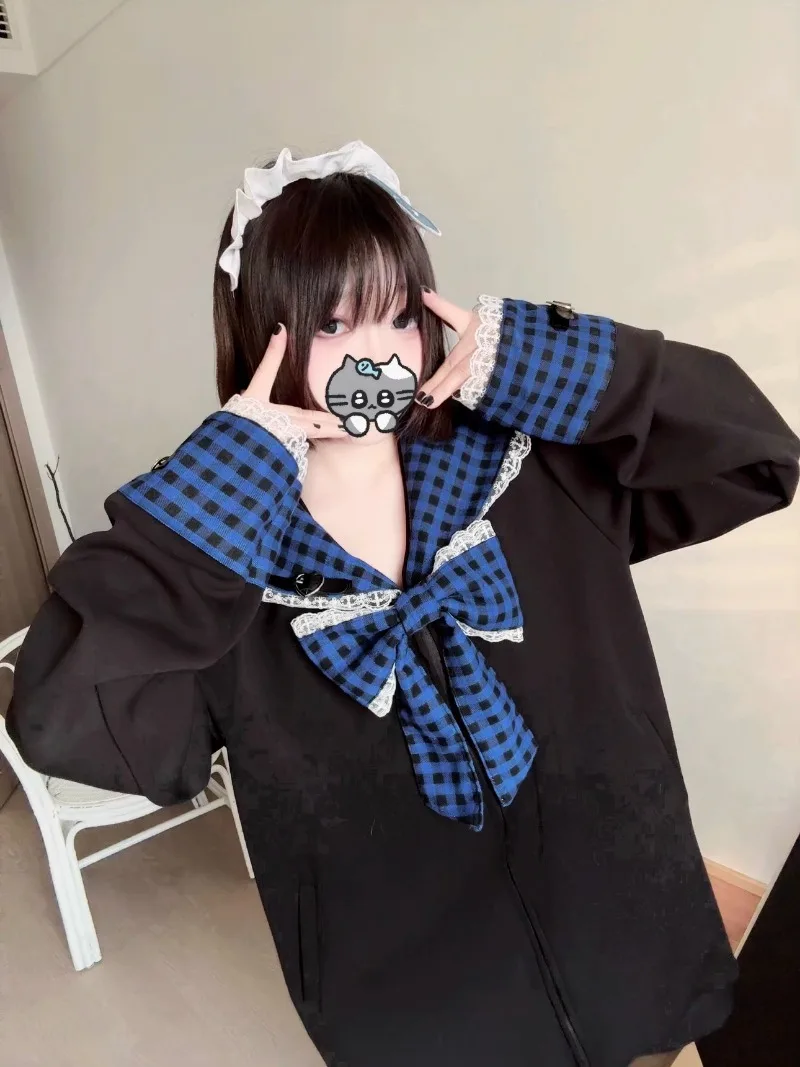 Japanese Spring Summer Original Design Sense Contrasting Color Plaid Big Bow Sweater House Cute Subculture Navy Collar Coat Girl